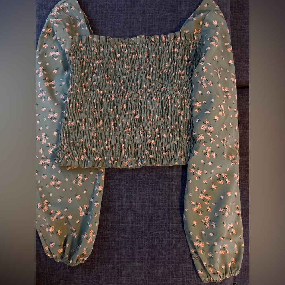 ROMWE Green Smocked Long Sleeve Blouse